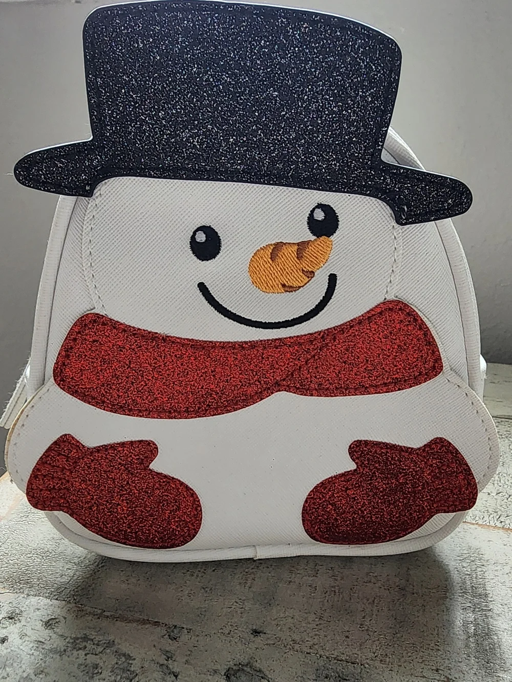White Snowman Mini Bag with Glitter Red Scarf and Mittens